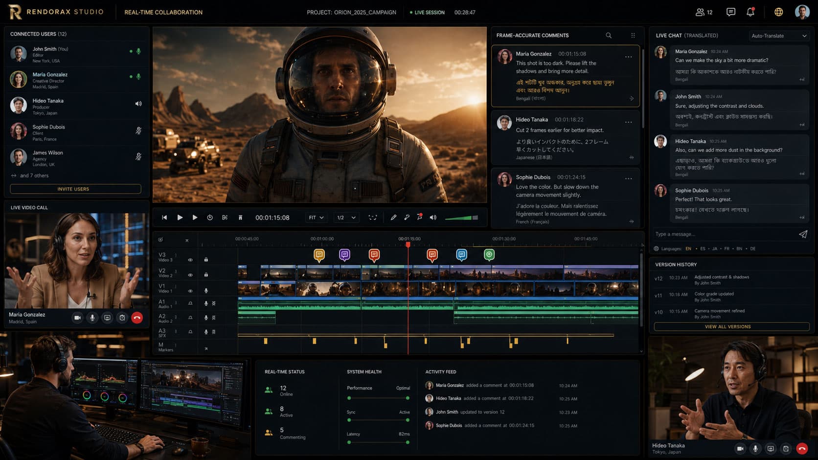 Real-Time Collaboration in Rendorax Studio Rendorax Studio real-time collaboration interface with timeline direction, live session, and cross-language feedback