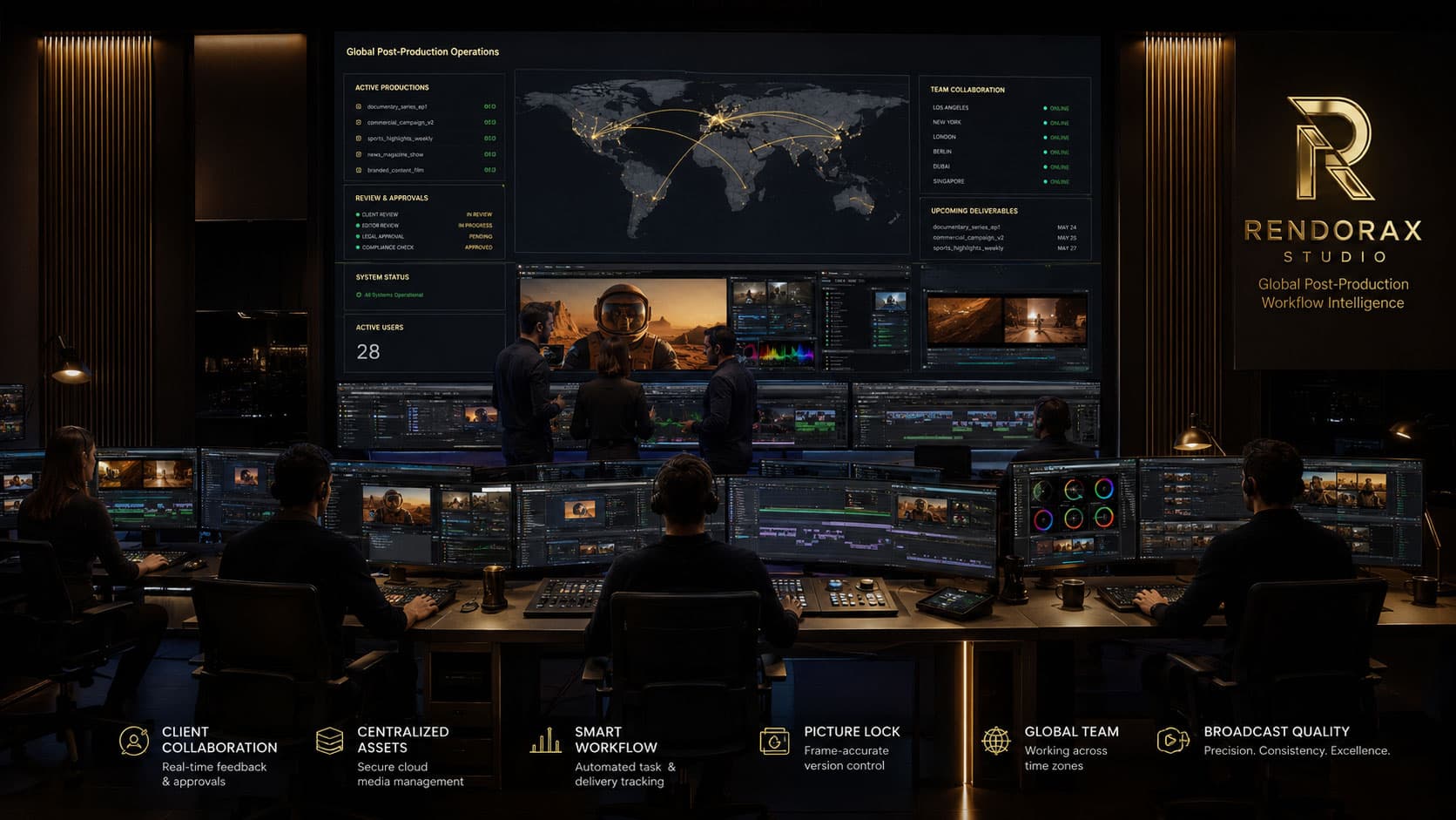 Global Post-Production Operations Rendorax Studio global post-production operations center with teams managing active productions across time zones
