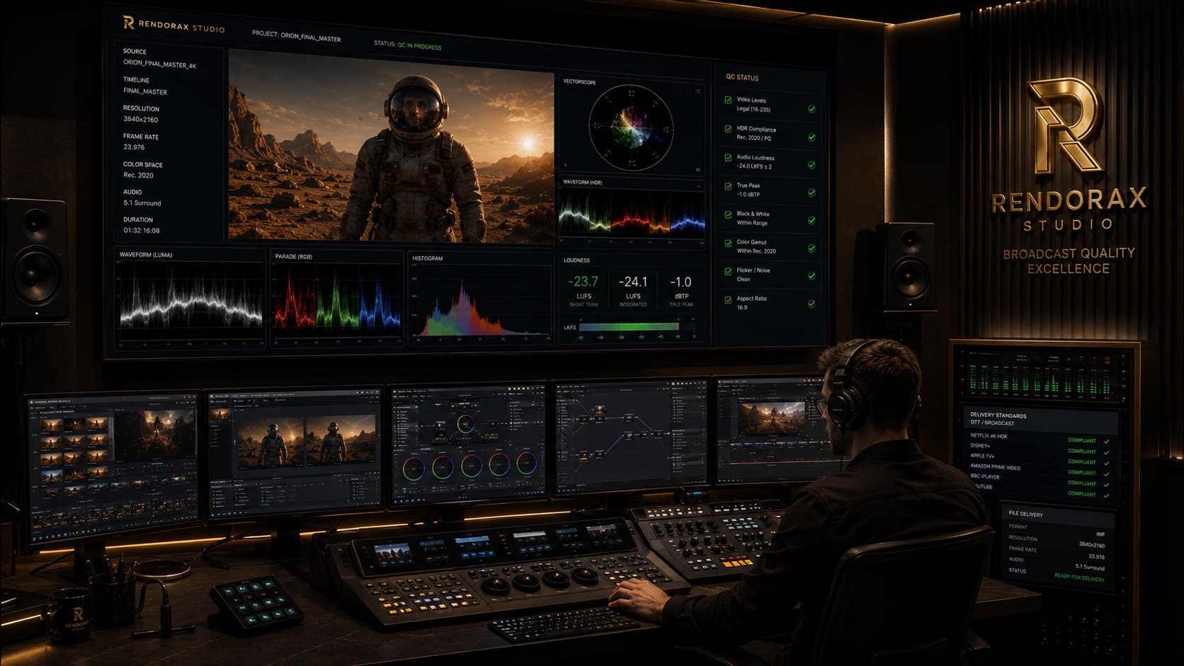 Post-Production Control Room in Action Rendorax Studio post-production control room with colorist workstation, QC scopes, and broadcast delivery readiness