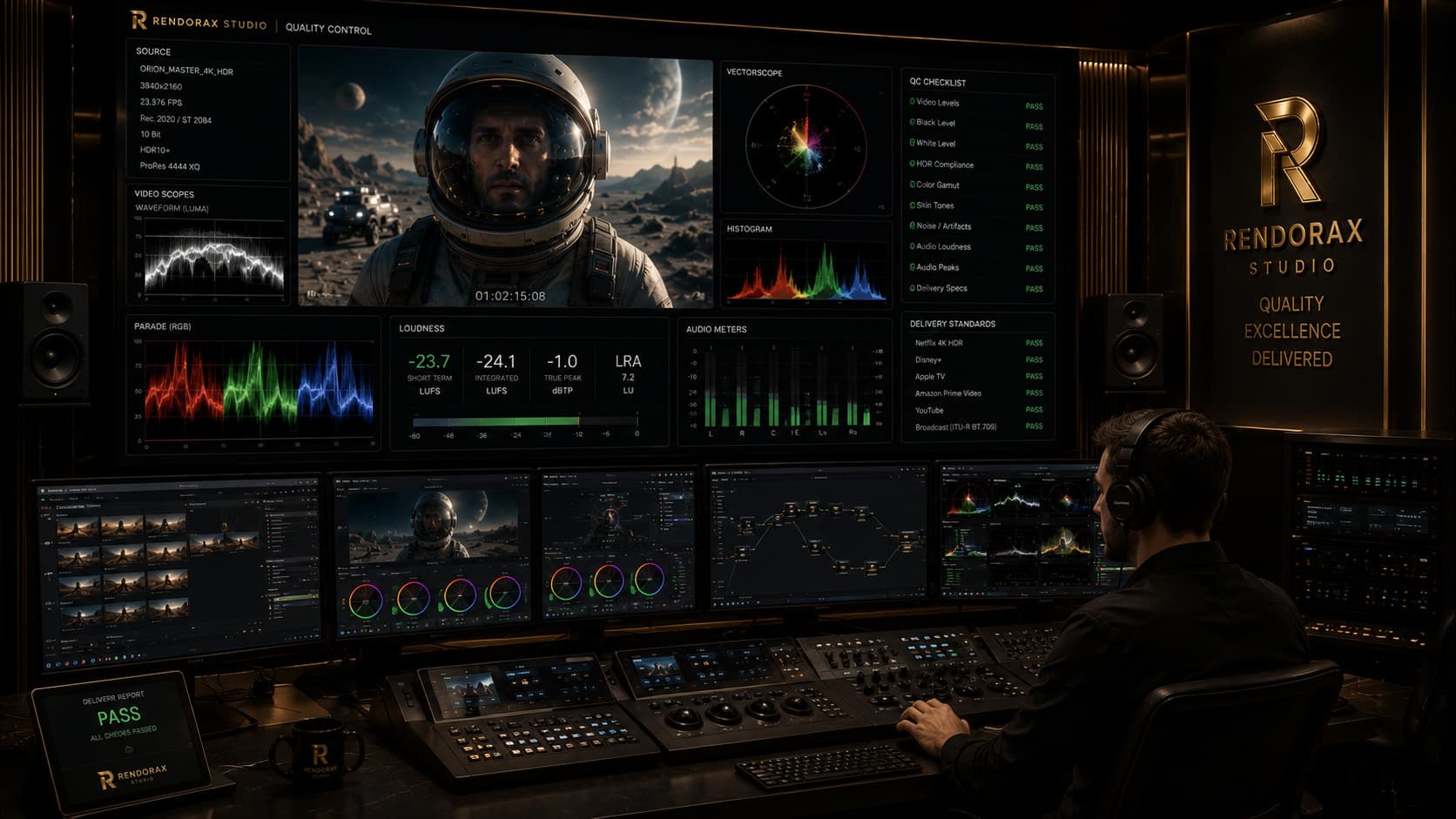 Broadcast Quality Control and Delivery Standards Rendorax Studio broadcast quality control suite with HDR scopes and OTT delivery standards checklist